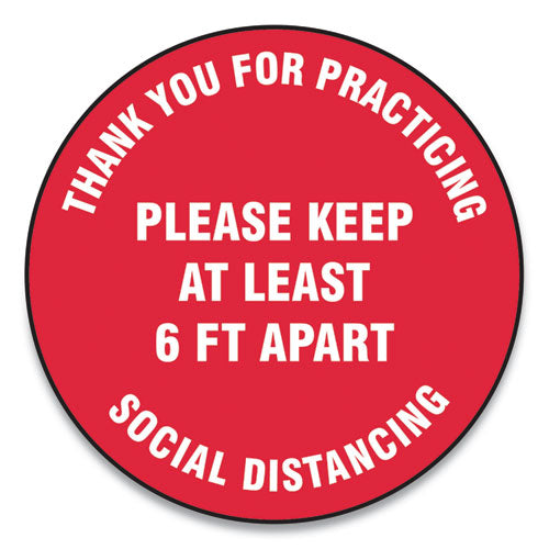 Accuform® wholesale. Slip-gard Floor Signs, 12" Circle, "thank You For Practicing Social Distancing Please Keep At Least 6 Ft Apart", Red, 25-pack. HSD Wholesale: Janitorial Supplies, Breakroom Supplies, Office Supplies.