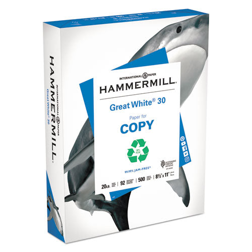 Hammermill® wholesale. Great White 30 Recycled Print Paper, 92 Bright, 20lb, 8.5 X 11, White, 500 Sheets-ream, 10 Reams-carton, 40 Cartons-pallet. HSD Wholesale: Janitorial Supplies, Breakroom Supplies, Office Supplies.
