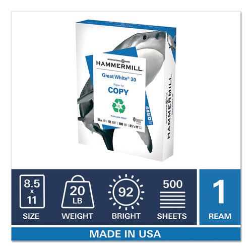 Hammermill® wholesale. Great White 30 Recycled Print Paper, 92 Bright, 20lb, 8.5 X 11, White, 500-ream. HSD Wholesale: Janitorial Supplies, Breakroom Supplies, Office Supplies.