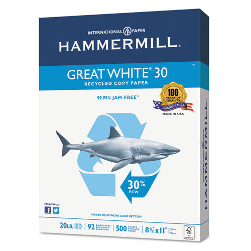 Hammermill® wholesale. Great White 30 Recycled Print Paper, 92 Bright, 20lb, 8.5 X 11, White, 500 Sheets-ream, 5 Reams-carton. HSD Wholesale: Janitorial Supplies, Breakroom Supplies, Office Supplies.