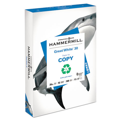 Hammermill® wholesale. Great White 30 Recycled Print Paper, 92 Bright, 20lb, 11 X 17, White, 500-ream. HSD Wholesale: Janitorial Supplies, Breakroom Supplies, Office Supplies.