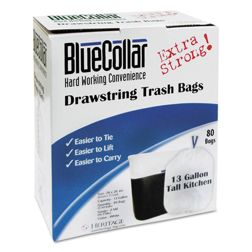 BlueCollar wholesale. Drawstring Trash Bags, 13 Gal, 0.8 Mil, 24" X 28", White, 480-carton. HSD Wholesale: Janitorial Supplies, Breakroom Supplies, Office Supplies.