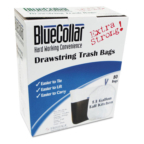 BlueCollar wholesale. Drawstring Trash Bags, 13 Gal, 0.8 Mil, 24" X 28", White, 80-box. HSD Wholesale: Janitorial Supplies, Breakroom Supplies, Office Supplies.