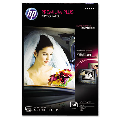HP wholesale. Premium Plus Photo Paper, 11.5 Mil, 4 X 6, Soft-gloss White, 100-pack. HSD Wholesale: Janitorial Supplies, Breakroom Supplies, Office Supplies.
