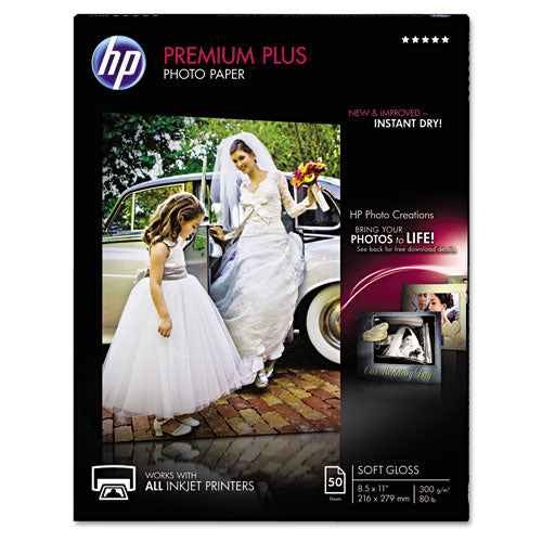 HP wholesale. Premium Plus Photo Paper, 11.5 Mil, 8.5 X 11, Soft-gloss White, 50-pack. HSD Wholesale: Janitorial Supplies, Breakroom Supplies, Office Supplies.