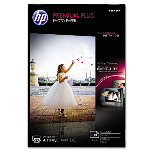 HP wholesale. Premium Plus Photo Paper, 11.5 Mil, 4 X 6, Glossy White, 100-pack. HSD Wholesale: Janitorial Supplies, Breakroom Supplies, Office Supplies.
