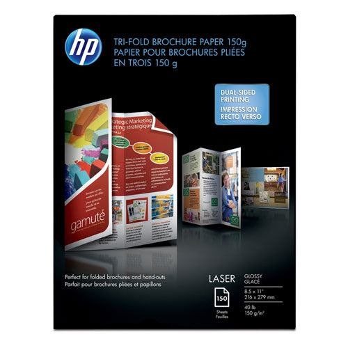 HP wholesale. Laser Glossy Tri-fold Brochure Paper, 97 Bright, 40lb, 8.5 X 11, White, 150-pack. HSD Wholesale: Janitorial Supplies, Breakroom Supplies, Office Supplies.