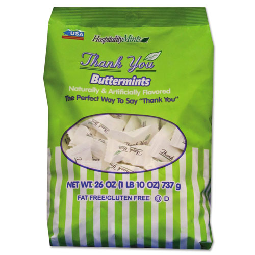 Hospitality Mints wholesale. Thank You Buttermints Candies, 26 Oz Bag. HSD Wholesale: Janitorial Supplies, Breakroom Supplies, Office Supplies.