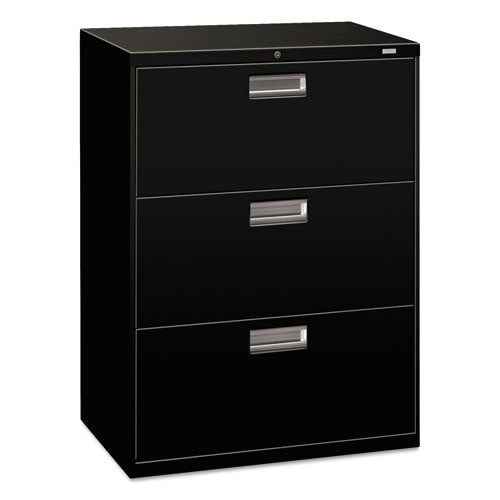 HON® wholesale. HON® 600 Series Three-drawer Lateral File, 30w X 18d X 39.13h, Black. HSD Wholesale: Janitorial Supplies, Breakroom Supplies, Office Supplies.
