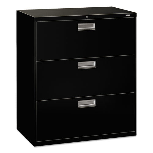 HON® wholesale. HON® 600 Series Three-drawer Lateral File, 36w X 18d X 39.13h, Black. HSD Wholesale: Janitorial Supplies, Breakroom Supplies, Office Supplies.
