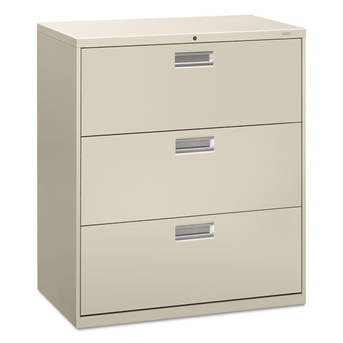 HON® wholesale. HON® 600 Series Three-drawer Lateral File, 36w X 18d X 39.13h, Light Gray. HSD Wholesale: Janitorial Supplies, Breakroom Supplies, Office Supplies.