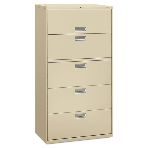 HON® wholesale. HON® 600 Series Five-drawer Lateral File, 36w X 18d X 64.25h, Putty. HSD Wholesale: Janitorial Supplies, Breakroom Supplies, Office Supplies.