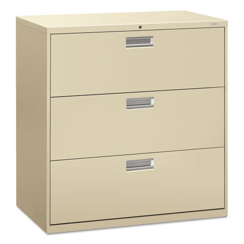 HON® wholesale. HON® 600 Series Three-drawer Lateral File, 42w X 18d X 39.13h, Putty. HSD Wholesale: Janitorial Supplies, Breakroom Supplies, Office Supplies.