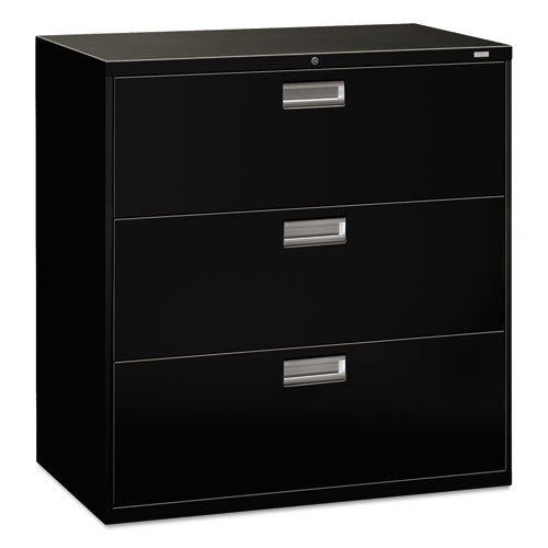 HON® wholesale. HON® 600 Series Three-drawer Lateral File, 42w X 18d X 39.13h, Black. HSD Wholesale: Janitorial Supplies, Breakroom Supplies, Office Supplies.