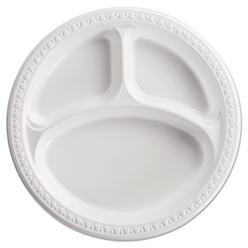 Chinet® wholesale. Heavyweight Plastic 3 Compartment Plates, 10 1-4" Dia, White, 125-pk, 4 Pk-ct. HSD Wholesale: Janitorial Supplies, Breakroom Supplies, Office Supplies.