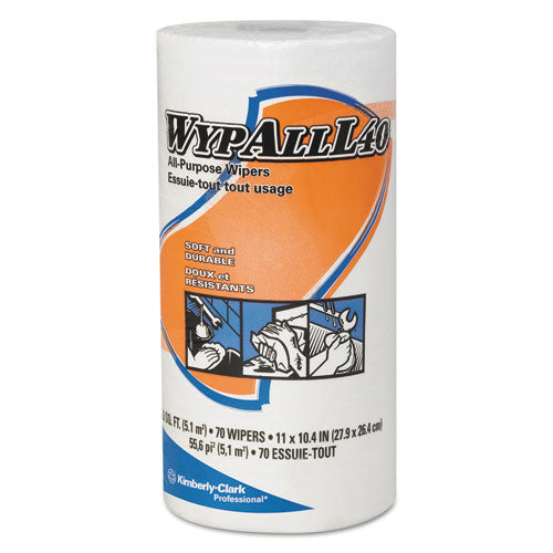 WypAll® wholesale. L40 Towels, Small Roll, 10 2-5 X 11, White, 70-roll, 24 Rolls-carton. HSD Wholesale: Janitorial Supplies, Breakroom Supplies, Office Supplies.