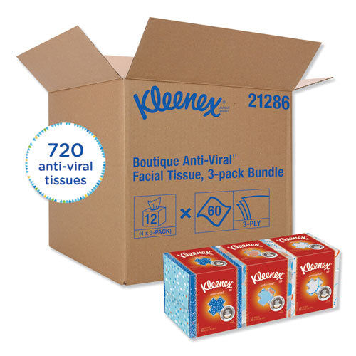 Kleenex® wholesale. Boutique Anti-viral Facial Tissue, 3-ply, White, Pop-up Box, 60 Sheets-box, 3 Boxes-pack, 4 Packs-carton. HSD Wholesale: Janitorial Supplies, Breakroom Supplies, Office Supplies.