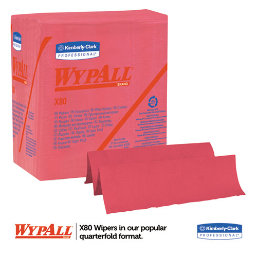 WypAll® wholesale. X80 Cloths, 1-4 Fold, Hydroknit, 12 1-2 X 12, Red, 50-box, 4 Boxes-carton. HSD Wholesale: Janitorial Supplies, Breakroom Supplies, Office Supplies.