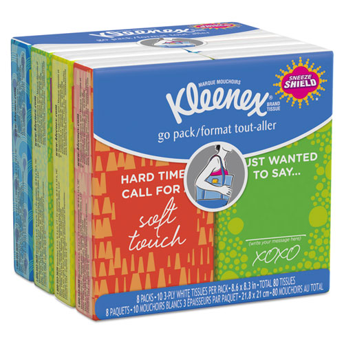 Kleenex® wholesale. On The Go Packs Facial Tissues, 3-ply, White, 10 Sheets-pouch, 8 Pouches-pack, 12 Packs-carton. HSD Wholesale: Janitorial Supplies, Breakroom Supplies, Office Supplies.