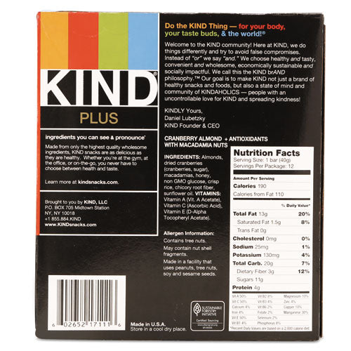 KIND wholesale. Plus Nutrition Boost Bar, Cranberry Almond And Antioxidants, 1.4 Oz, 12-box. HSD Wholesale: Janitorial Supplies, Breakroom Supplies, Office Supplies.