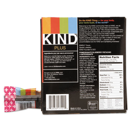 KIND wholesale. Plus Nutrition Boost Bar, Pom. Blueberry Pistachio-antioxidants, 1.4 Oz, 12-box. HSD Wholesale: Janitorial Supplies, Breakroom Supplies, Office Supplies.