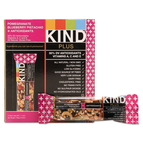 KIND wholesale. Plus Nutrition Boost Bar, Pom. Blueberry Pistachio-antioxidants, 1.4 Oz, 12-box. HSD Wholesale: Janitorial Supplies, Breakroom Supplies, Office Supplies.
