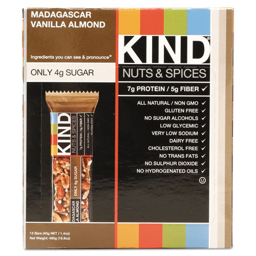 KIND wholesale. Nuts And Spices Bar, Madagascar Vanilla Almond, 1.4 Oz, 12-box. HSD Wholesale: Janitorial Supplies, Breakroom Supplies, Office Supplies.