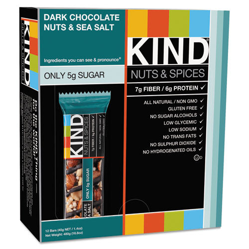 KIND wholesale. Nuts And Spices Bar, Dark Chocolate Nuts And Sea Salt, 1.4 Oz, 12-box. HSD Wholesale: Janitorial Supplies, Breakroom Supplies, Office Supplies.