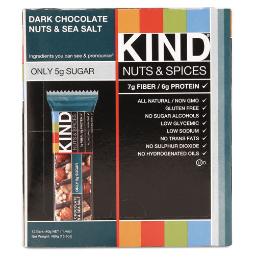 KIND wholesale. Nuts And Spices Bar, Dark Chocolate Nuts And Sea Salt, 1.4 Oz, 12-box. HSD Wholesale: Janitorial Supplies, Breakroom Supplies, Office Supplies.