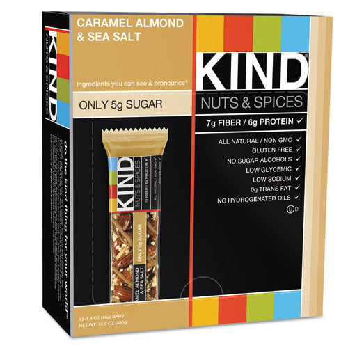 KIND wholesale. Nuts And Spices Bar, Caramel Almond And Sea Salt, 1.4 Oz Bar, 12-box. HSD Wholesale: Janitorial Supplies, Breakroom Supplies, Office Supplies.