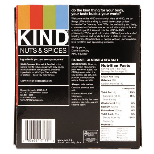 KIND wholesale. Nuts And Spices Bar, Caramel Almond And Sea Salt, 1.4 Oz Bar, 12-box. HSD Wholesale: Janitorial Supplies, Breakroom Supplies, Office Supplies.
