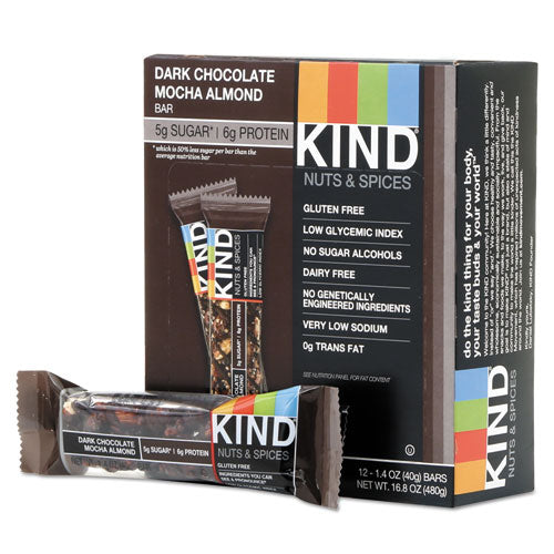 KIND wholesale. Nuts And Spices Bar, Dark Chocolate Mocha Almond, 1.4 Oz Bar, 12-box. HSD Wholesale: Janitorial Supplies, Breakroom Supplies, Office Supplies.