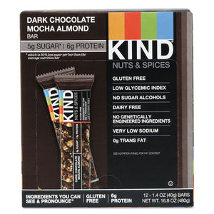 KIND wholesale. Nuts And Spices Bar, Dark Chocolate Mocha Almond, 1.4 Oz Bar, 12-box. HSD Wholesale: Janitorial Supplies, Breakroom Supplies, Office Supplies.