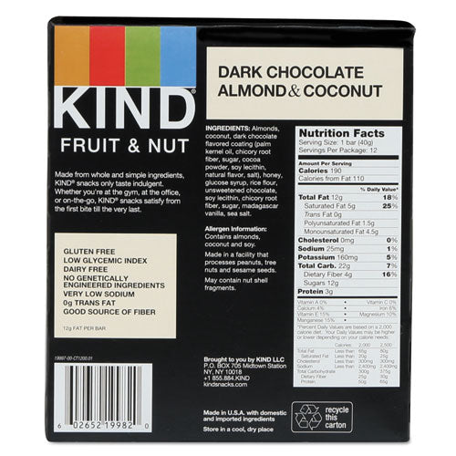 KIND wholesale. Fruit And Nut Bars, Dark Chocolate Almond And Coconut, 1.4 Oz Bar, 12-box. HSD Wholesale: Janitorial Supplies, Breakroom Supplies, Office Supplies.