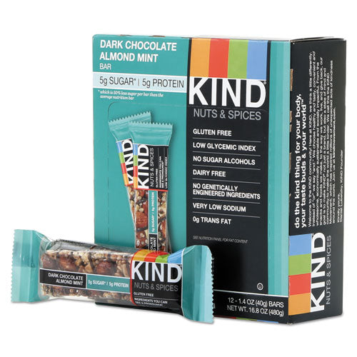 KIND wholesale. Nuts And Spices Bar, Dark Chocolate Almond Mint, 1.4 Oz Bar, 12-box. HSD Wholesale: Janitorial Supplies, Breakroom Supplies, Office Supplies.