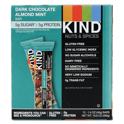KIND wholesale. Nuts And Spices Bar, Dark Chocolate Almond Mint, 1.4 Oz Bar, 12-box. HSD Wholesale: Janitorial Supplies, Breakroom Supplies, Office Supplies.
