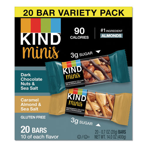 KIND wholesale. Minis, Dark Chocolate Nuts And Sea Salt-caramel Almond And Sea Salt, 0.7 Oz, 20-pack. HSD Wholesale: Janitorial Supplies, Breakroom Supplies, Office Supplies.