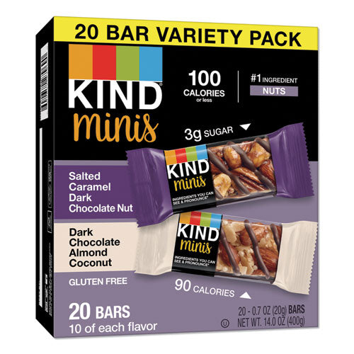 KIND wholesale. Minis, Salted Caramel And Dark Chocolate Nut-dark Chocolate Almond And Coconut, 0.7 Oz, 20-pack. HSD Wholesale: Janitorial Supplies, Breakroom Supplies, Office Supplies.
