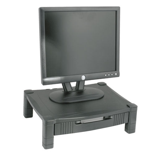 Kantek wholesale. Monitor Stand With Drawer, 17" X 13.25" X 3" To 6.5", Black, Supports 50 Lbs. HSD Wholesale: Janitorial Supplies, Breakroom Supplies, Office Supplies.