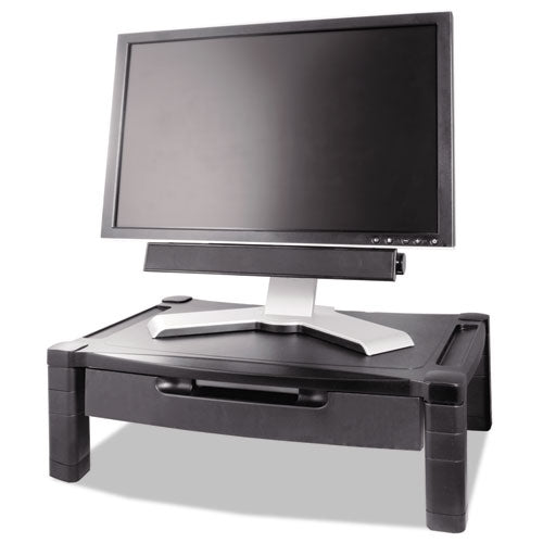 Kantek wholesale. Wide Deluxe Two-level Monitor Stand With Drawer, 20" X 13.25" X 3" To 6.5", Black, Supports 50 Lbs. HSD Wholesale: Janitorial Supplies, Breakroom Supplies, Office Supplies.