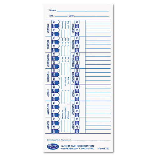 Lathem® Time wholesale. Time Card For Lathem Models 900e-1000e-1500e-5000e, White, 100-pack. HSD Wholesale: Janitorial Supplies, Breakroom Supplies, Office Supplies.