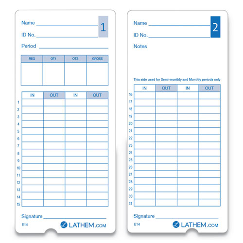 Lathem® Time wholesale. E14-100 Time Cards, Bi-weekly-monthly-semi-monthly-weekly, Two Sides, 7". HSD Wholesale: Janitorial Supplies, Breakroom Supplies, Office Supplies.