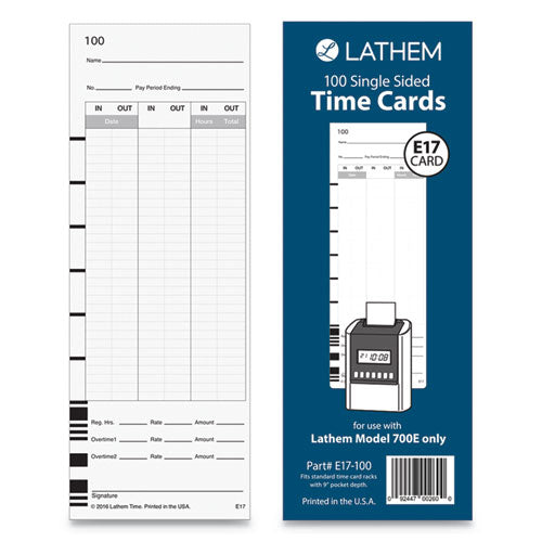 Lathem® Time wholesale. E17-100 Time Card, Bi-weekly-monthly-semi-monthly-weekly, One Side, 9", 100-pack. HSD Wholesale: Janitorial Supplies, Breakroom Supplies, Office Supplies.