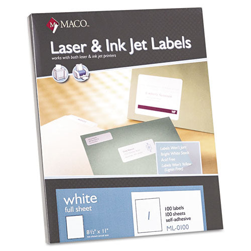 MACO® wholesale. White Laser-inkjet Full-sheet Identification Labels, Inkjet-laser Printers, 8.5 X 11, White, 100-box. HSD Wholesale: Janitorial Supplies, Breakroom Supplies, Office Supplies.