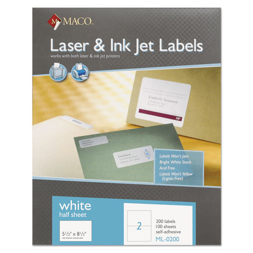 MACO® wholesale. White Laser-inkjet Internet Shipping Labels, Inkjet-laser Printers, 5.5 X 8.5, White, 2-sheet, 100 Sheets-box. HSD Wholesale: Janitorial Supplies, Breakroom Supplies, Office Supplies.