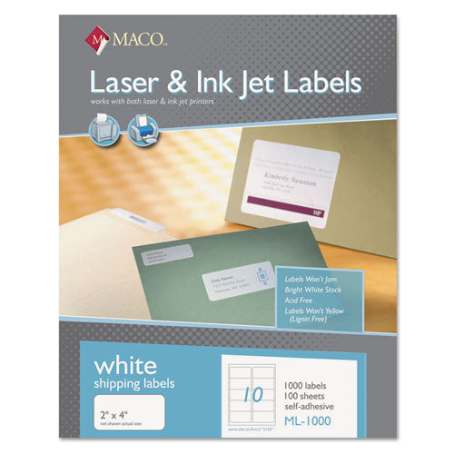 MACO® wholesale. White Laser-inkjet Shipping And Address Labels, Inkjet-laser Printers, 2 X 4, White, 10-sheet, 100 Sheets-box. HSD Wholesale: Janitorial Supplies, Breakroom Supplies, Office Supplies.