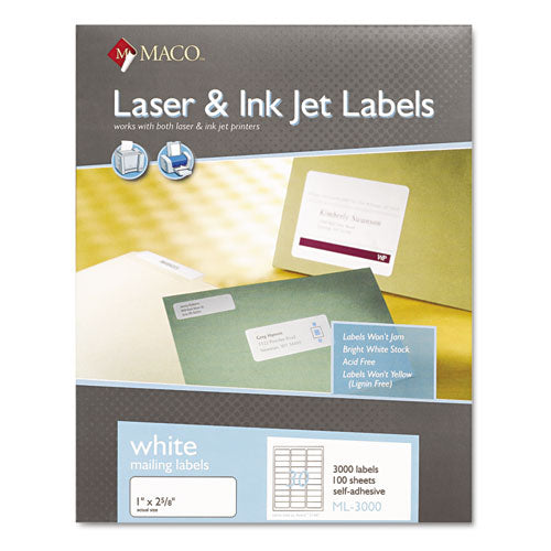MACO® wholesale. White Laser-inkjet Shipping And Address Labels, Inkjet-laser Printers, 1 X 2.63, White, 30-sheet, 100 Sheets-box. HSD Wholesale: Janitorial Supplies, Breakroom Supplies, Office Supplies.