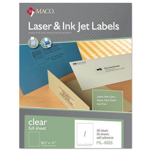 MACO® wholesale. Laser-inkjet Matte Clear Full Sheet Labels, Inkjet-laser Printers, 8.5 X 11, Clear, 50-box. HSD Wholesale: Janitorial Supplies, Breakroom Supplies, Office Supplies.