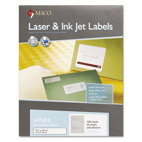 MACO® wholesale. Laser-inkjet White File Folder Labels, 0.66 X 3.44, White, 30-sheet, 50 Sheets-box. HSD Wholesale: Janitorial Supplies, Breakroom Supplies, Office Supplies.