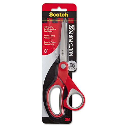 Scotch® wholesale. Scotch™ Multi-purpose Scissors, 8" Long, 3.38" Cut Length, Gray-red Straight Handle. HSD Wholesale: Janitorial Supplies, Breakroom Supplies, Office Supplies.